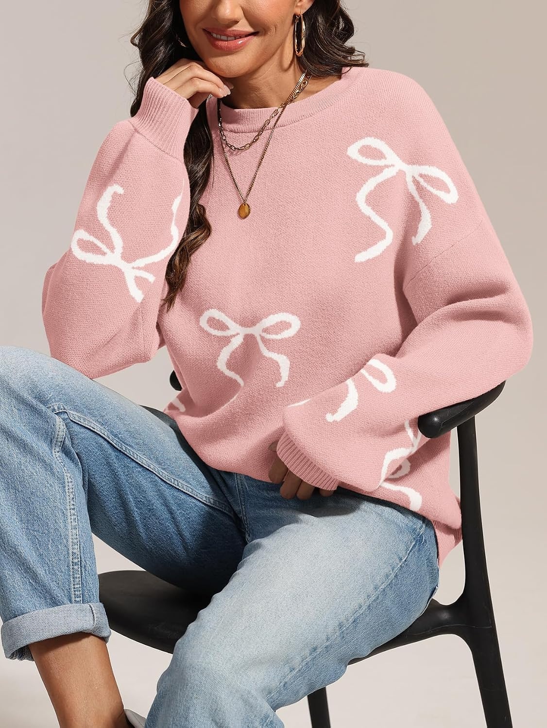 image:imageATHMILE Fall Sweaters for Women 2026 Fashion Cute Bow Knit Pullover Trendy Long Sleeve Oversized Sweater Winter ClothingPink