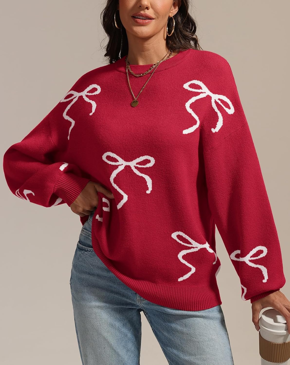 image:imageATHMILE Fall Sweaters for Women 2026 Fashion Cute Bow Knit Pullover Trendy Long Sleeve Oversized Sweater Winter ClothingRed