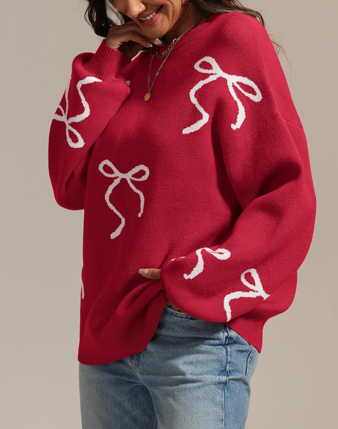 image:imageATHMILE Fall Sweaters for Women 2026 Fashion Cute Bow Knit Pullover Trendy Long Sleeve Oversized Sweater Winter ClothingRed