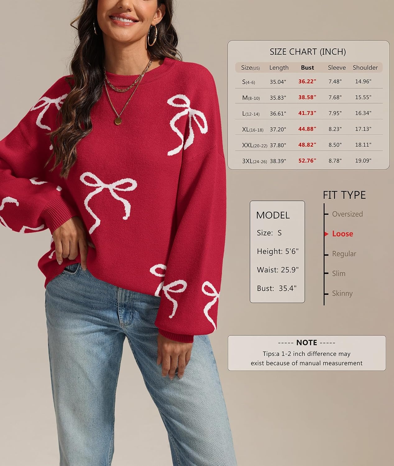 image:imageATHMILE Fall Sweaters for Women 2026 Fashion Cute Bow Knit Pullover Trendy Long Sleeve Oversized Sweater Winter ClothingRed