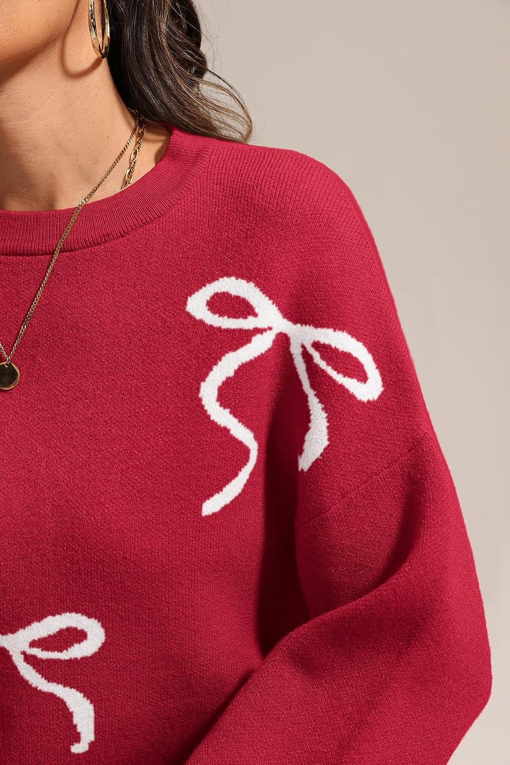 image:imageATHMILE Fall Sweaters for Women 2026 Fashion Cute Bow Knit Pullover Trendy Long Sleeve Oversized Sweater Winter ClothingRed