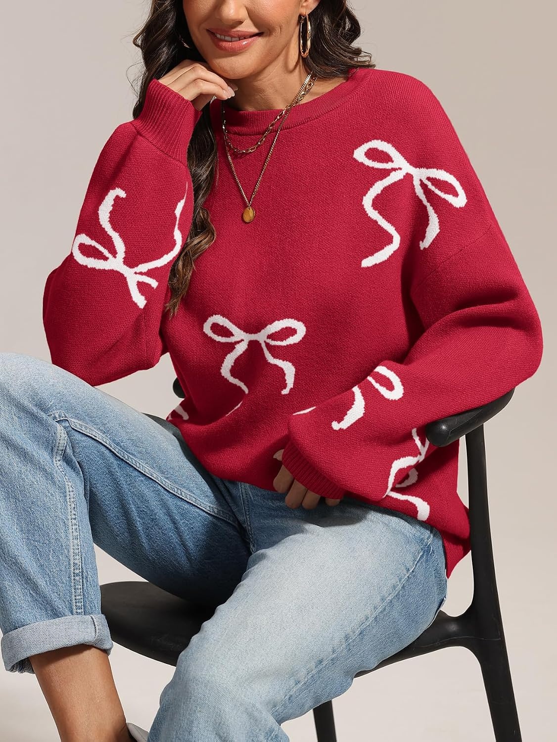 image:imageATHMILE Fall Sweaters for Women 2026 Fashion Cute Bow Knit Pullover Trendy Long Sleeve Oversized Sweater Winter ClothingRed
