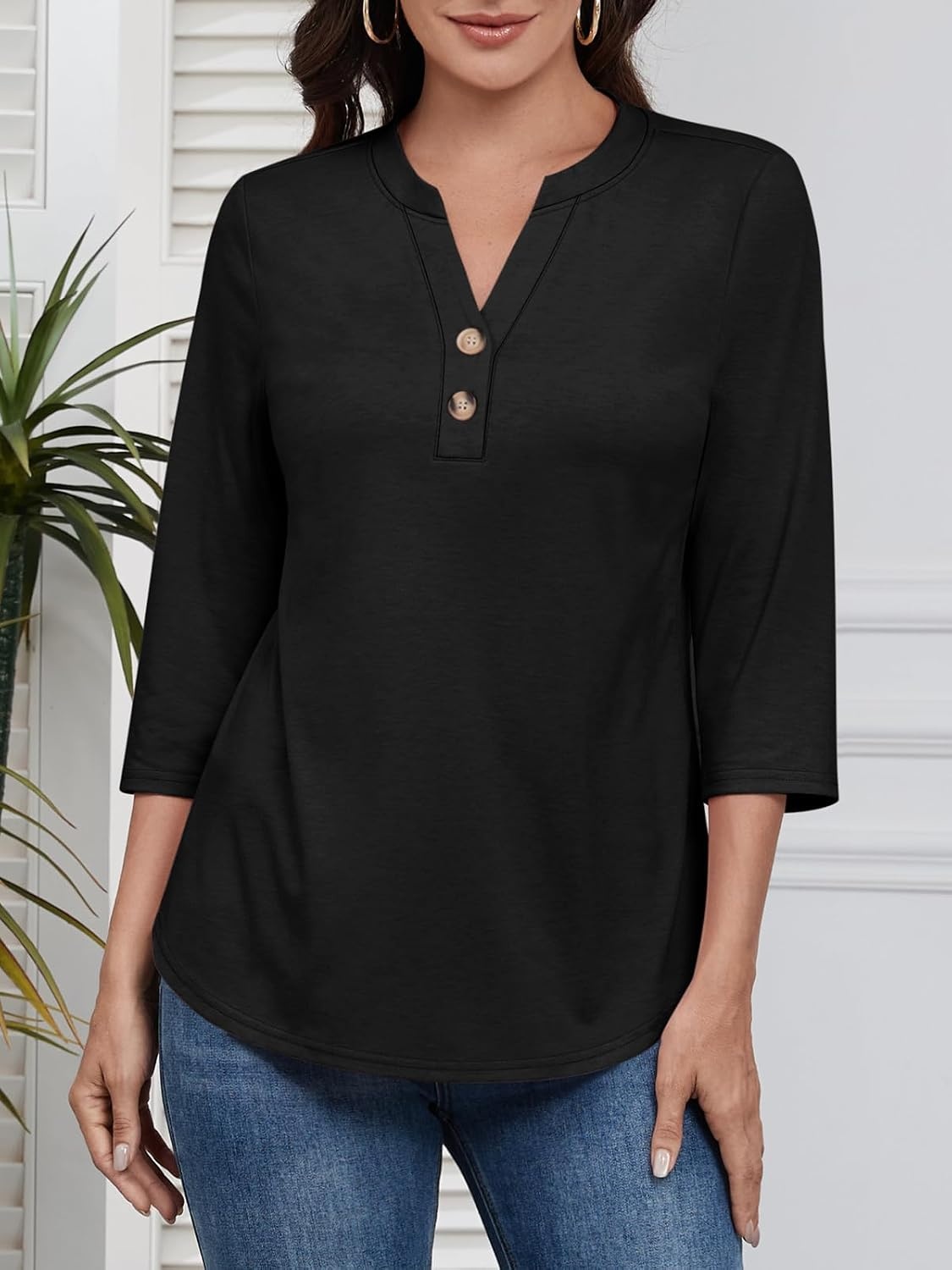 image:imageATHMILE Long Sleeve Shirts for Women 2026 Fall Outfits Henley Dressy Casual Tops Trendy Blouses Cute TShirts Fashion ClothesHalfblack