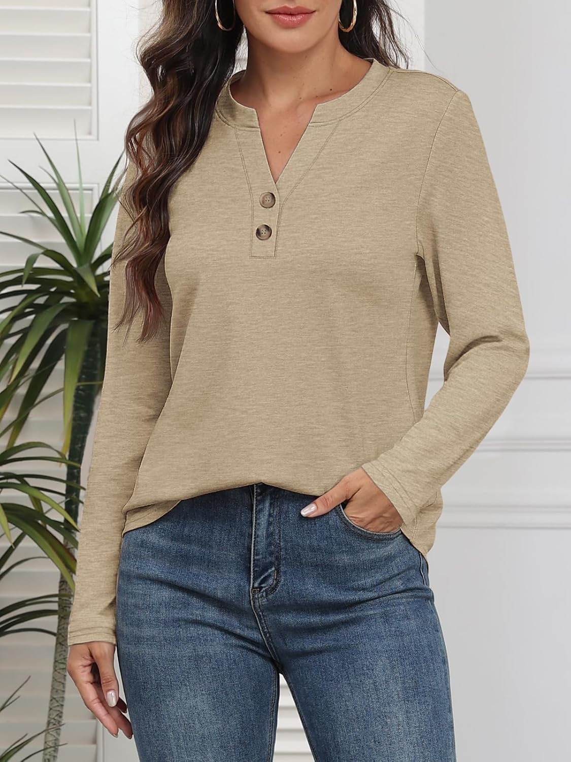 image:imageATHMILE Long Sleeve Shirts for Women 2026 Fall Outfits Henley Dressy Casual Tops Trendy Blouses Cute TShirts Fashion ClothesKhaki