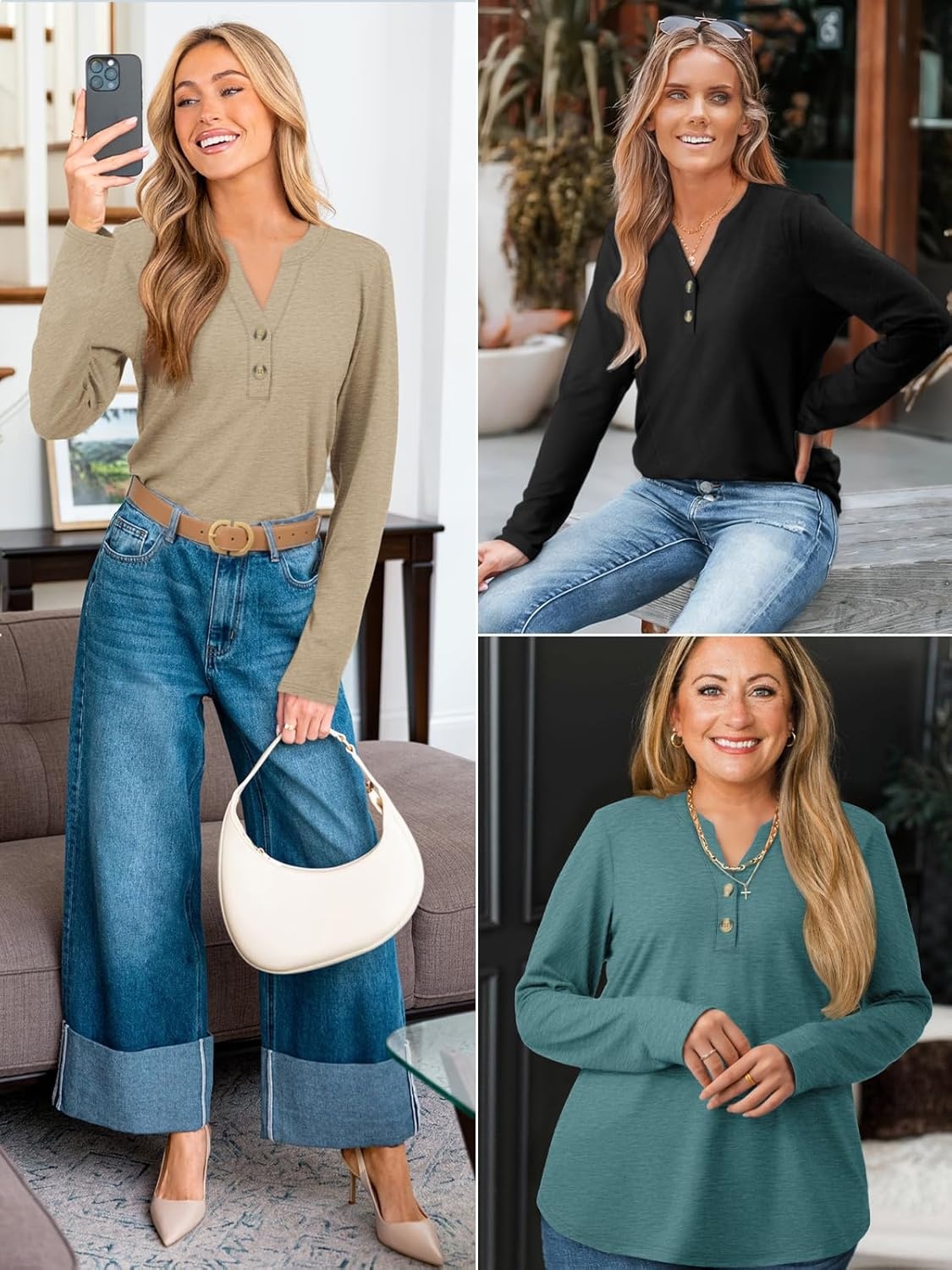 image:imageATHMILE Long Sleeve Shirts for Women 2026 Fall Outfits Henley Dressy Casual Tops Trendy Blouses Cute TShirts Fashion ClothesKhaki