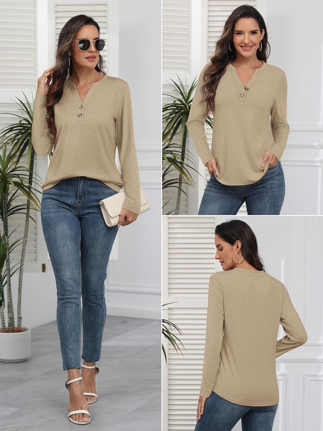 image:imageATHMILE Long Sleeve Shirts for Women 2026 Fall Outfits Henley Dressy Casual Tops Trendy Blouses Cute TShirts Fashion ClothesKhaki