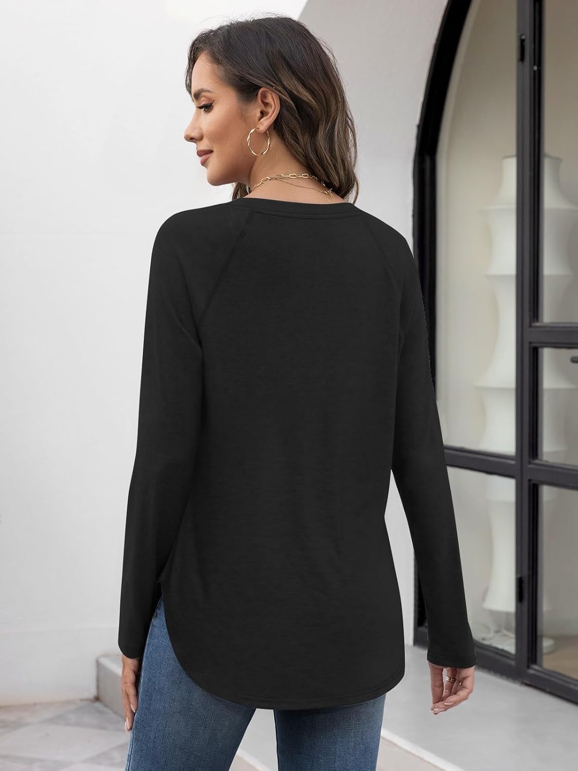 image:imageATHMILE Long Sleeve Shirts for Women Fall Outfit 2026 Fashion Casual T Shirt Round Neck Basic Loose Tunic TopsBlack