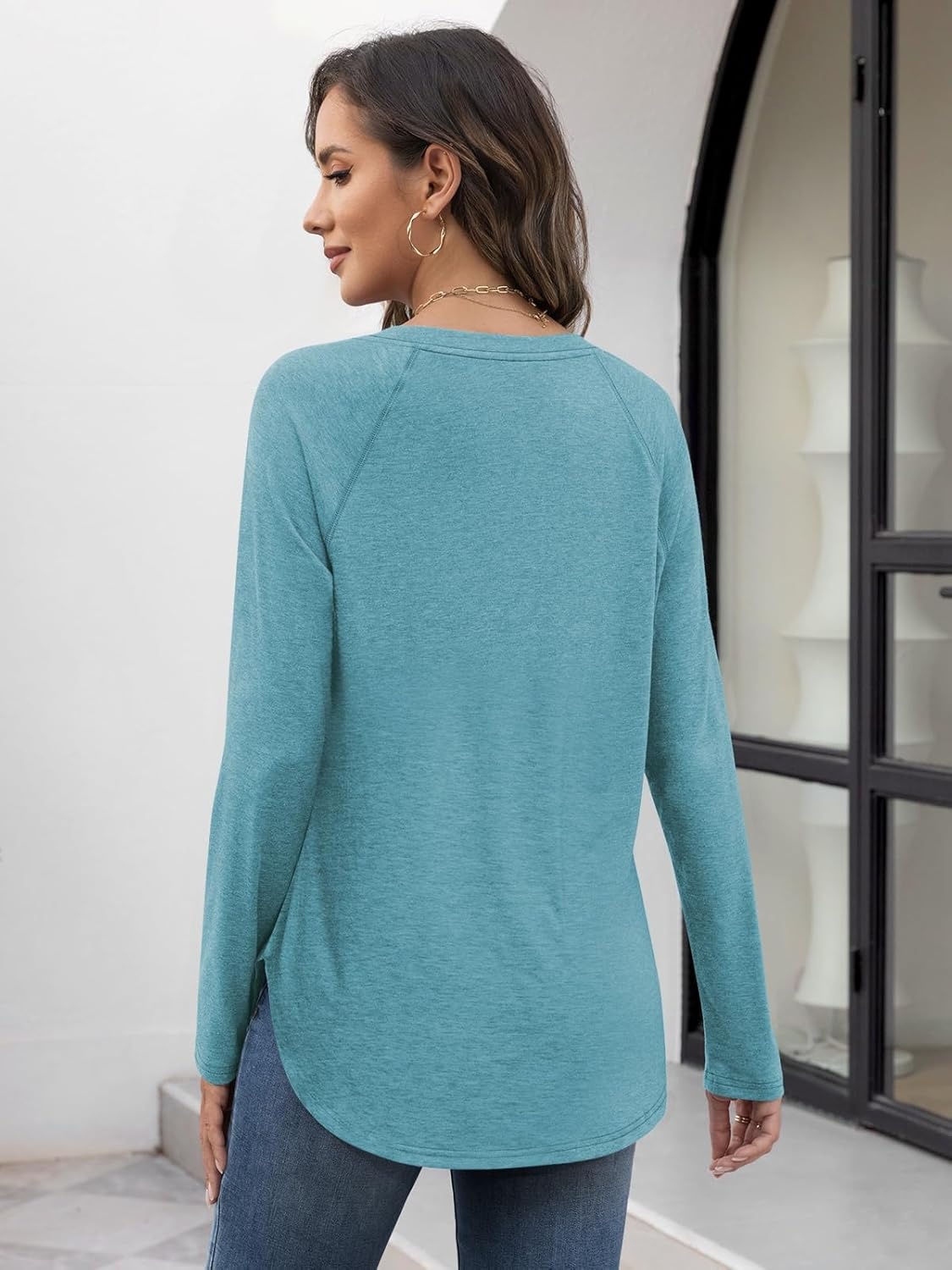 image:imageATHMILE Long Sleeve Shirts for Women Fall Outfit 2026 Fashion Casual T Shirt Round Neck Basic Loose Tunic TopsBlue Green