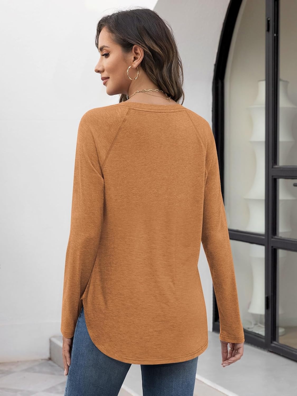 image:imageATHMILE Long Sleeve Shirts for Women Fall Outfit 2026 Fashion Casual T Shirt Round Neck Basic Loose Tunic TopsBurnt Orange