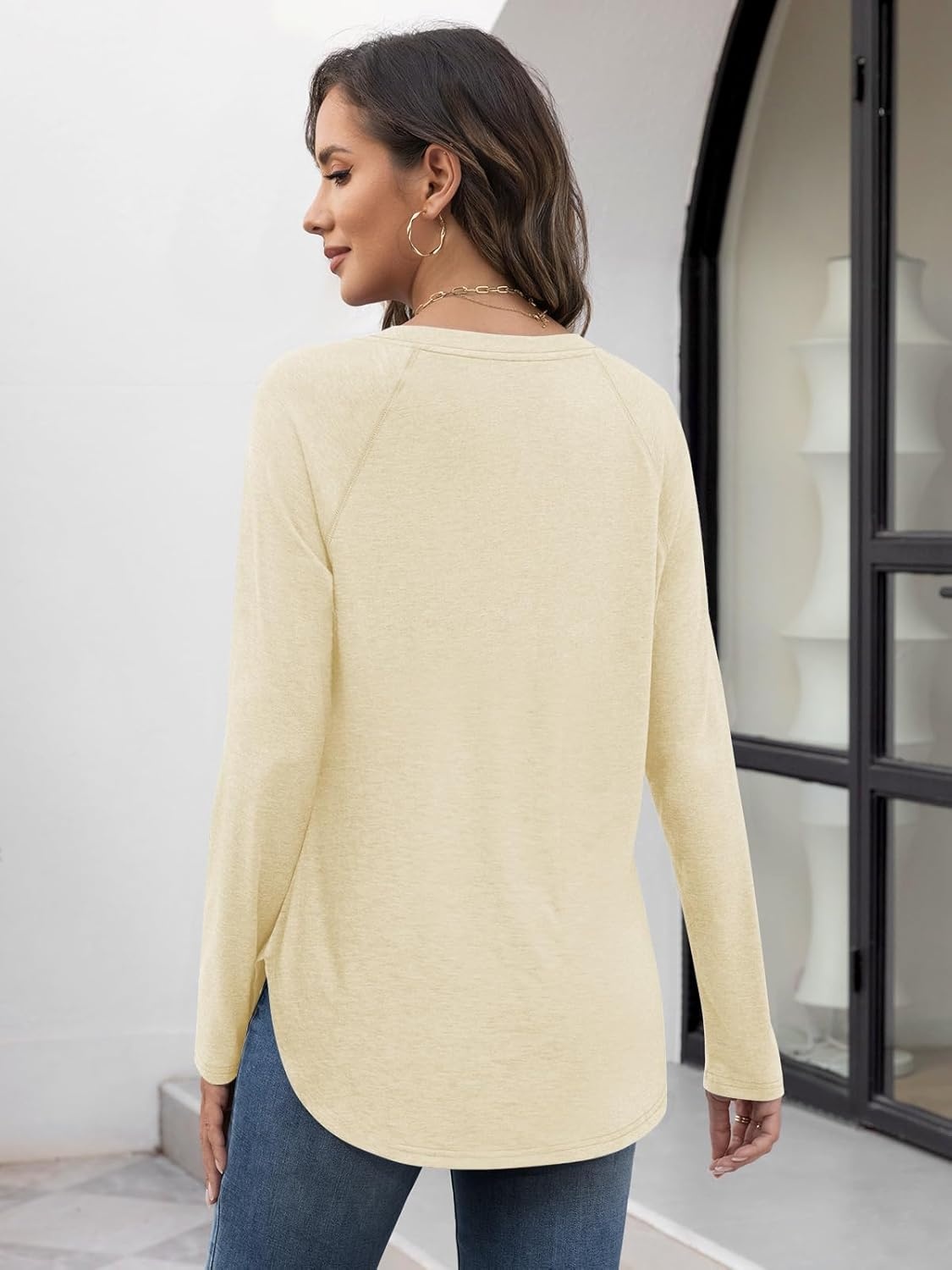 image:imageATHMILE Long Sleeve Shirts for Women Fall Outfit 2026 Fashion Casual T Shirt Round Neck Basic Loose Tunic TopsCream