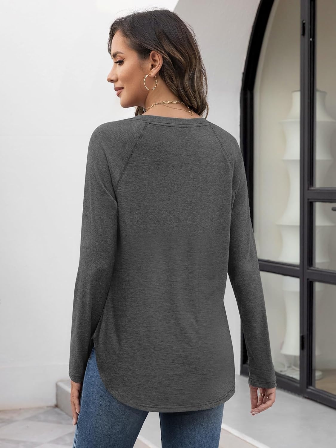 image:imageATHMILE Long Sleeve Shirts for Women Fall Outfit 2026 Fashion Casual T Shirt Round Neck Basic Loose Tunic TopsDark Grey