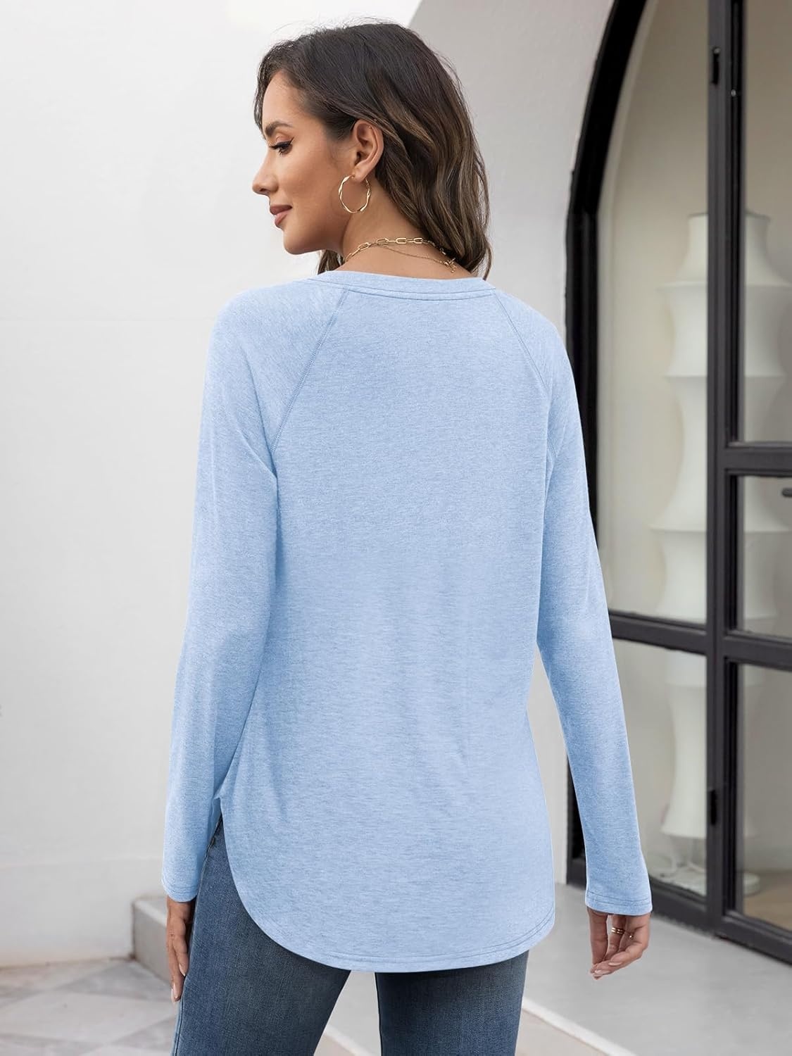 image:imageATHMILE Long Sleeve Shirts for Women Fall Outfit 2026 Fashion Casual T Shirt Round Neck Basic Loose Tunic TopsIce Blue