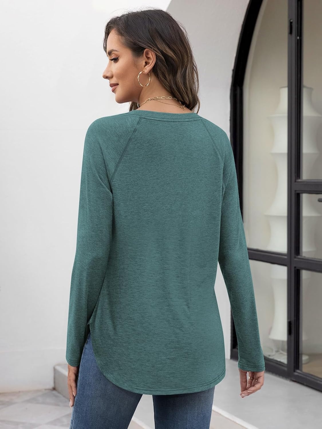 image:imageATHMILE Long Sleeve Shirts for Women Fall Outfit 2026 Fashion Casual T Shirt Round Neck Basic Loose Tunic TopsPeacock Green