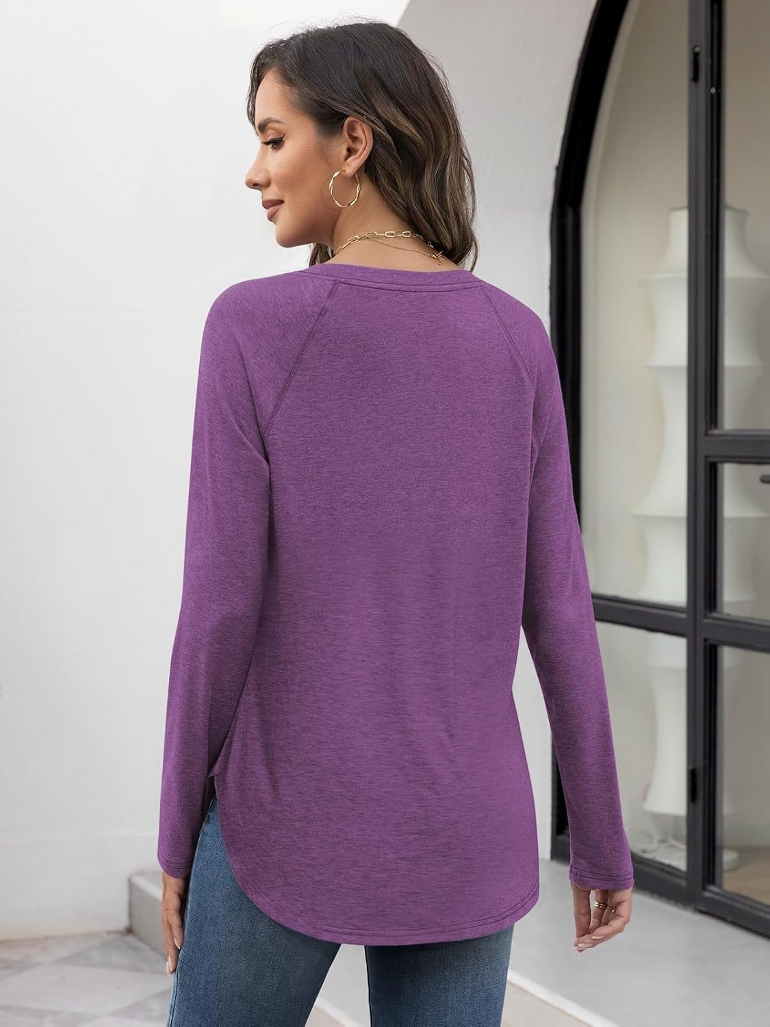 image:imageATHMILE Long Sleeve Shirts for Women Fall Outfit 2026 Fashion Casual T Shirt Round Neck Basic Loose Tunic TopsPurple