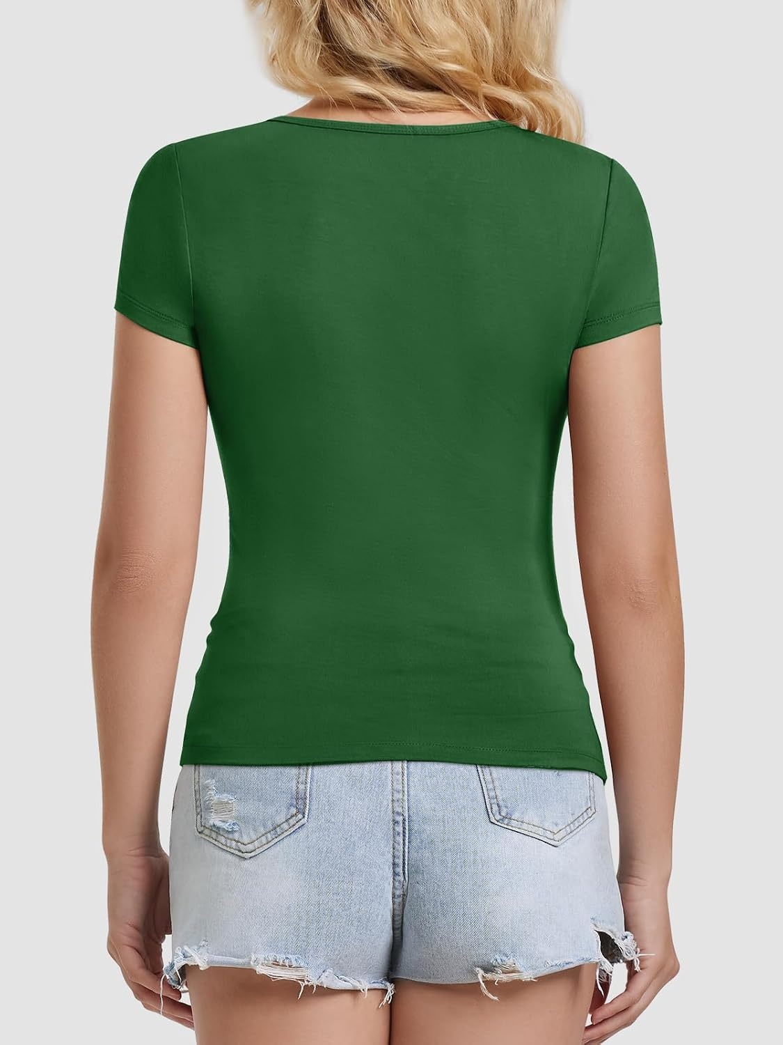 image:imageATHMILE Modal Short Sleeve Shirts for Women 2025 Fashion Square Neck Basics Slim Fitted TopsDarkgreen