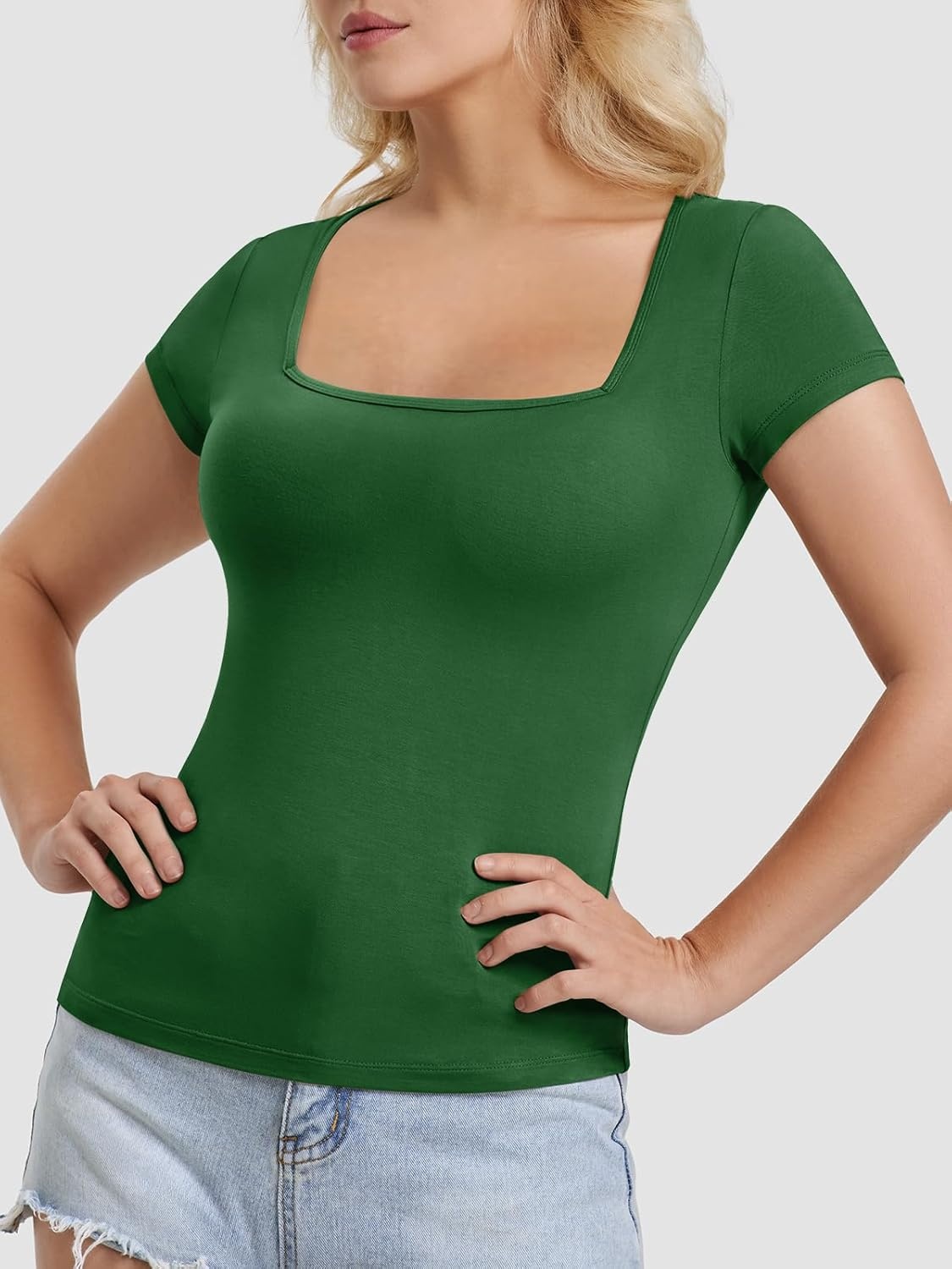 image:imageATHMILE Modal Short Sleeve Shirts for Women 2025 Fashion Square Neck Basics Slim Fitted TopsDarkgreen