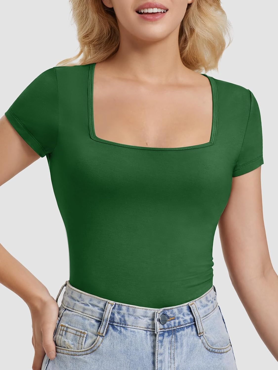 image:imageATHMILE Modal Short Sleeve Shirts for Women 2025 Fashion Square Neck Basics Slim Fitted TopsDarkgreen