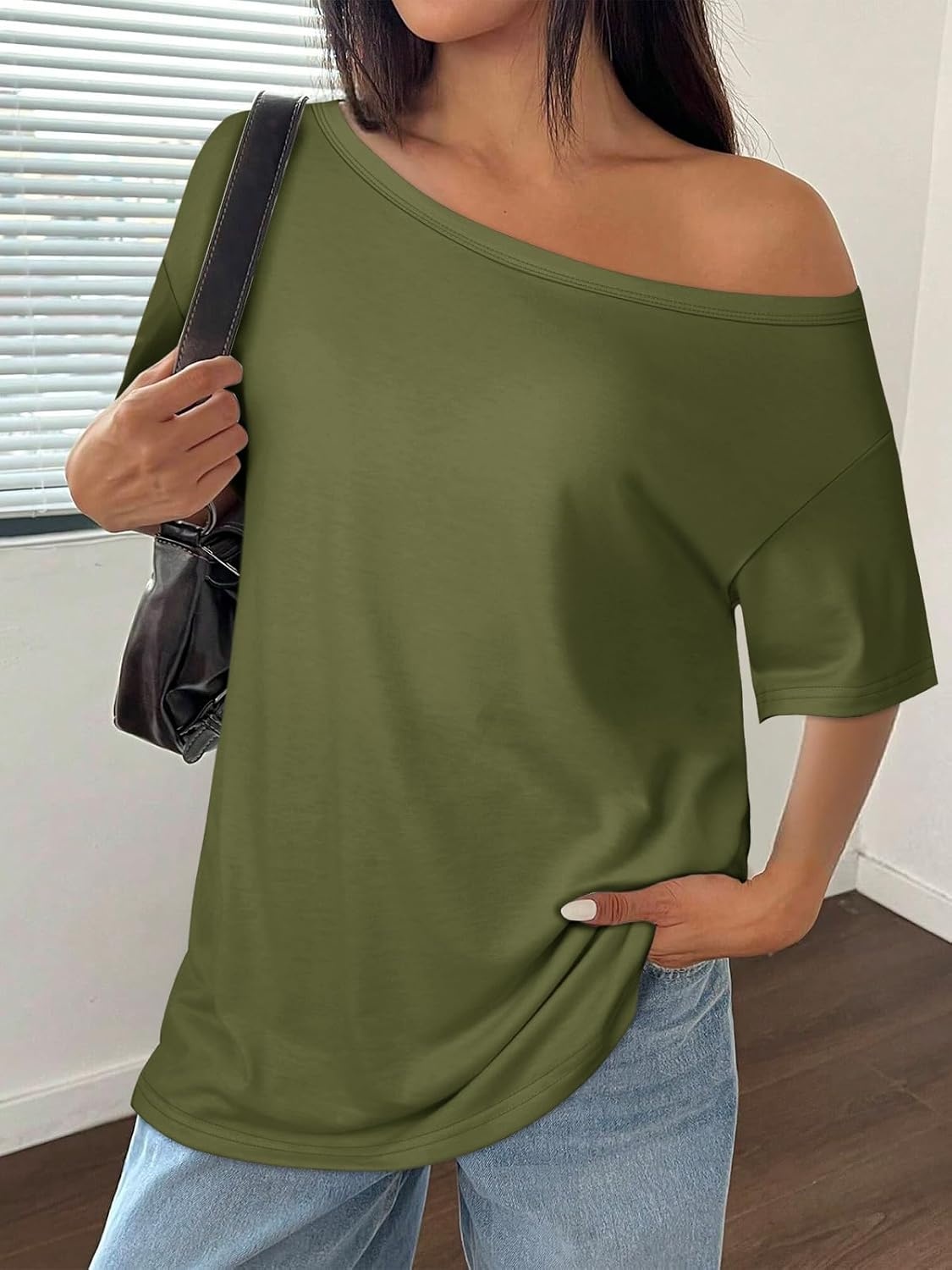 image:imageATHMILE Off The Shoulder Tops for Women 2026 Y2K Loose Fit Tops Oversized Tshirts Fashion Going Out Outfits Casual Basic Tees0armygreen