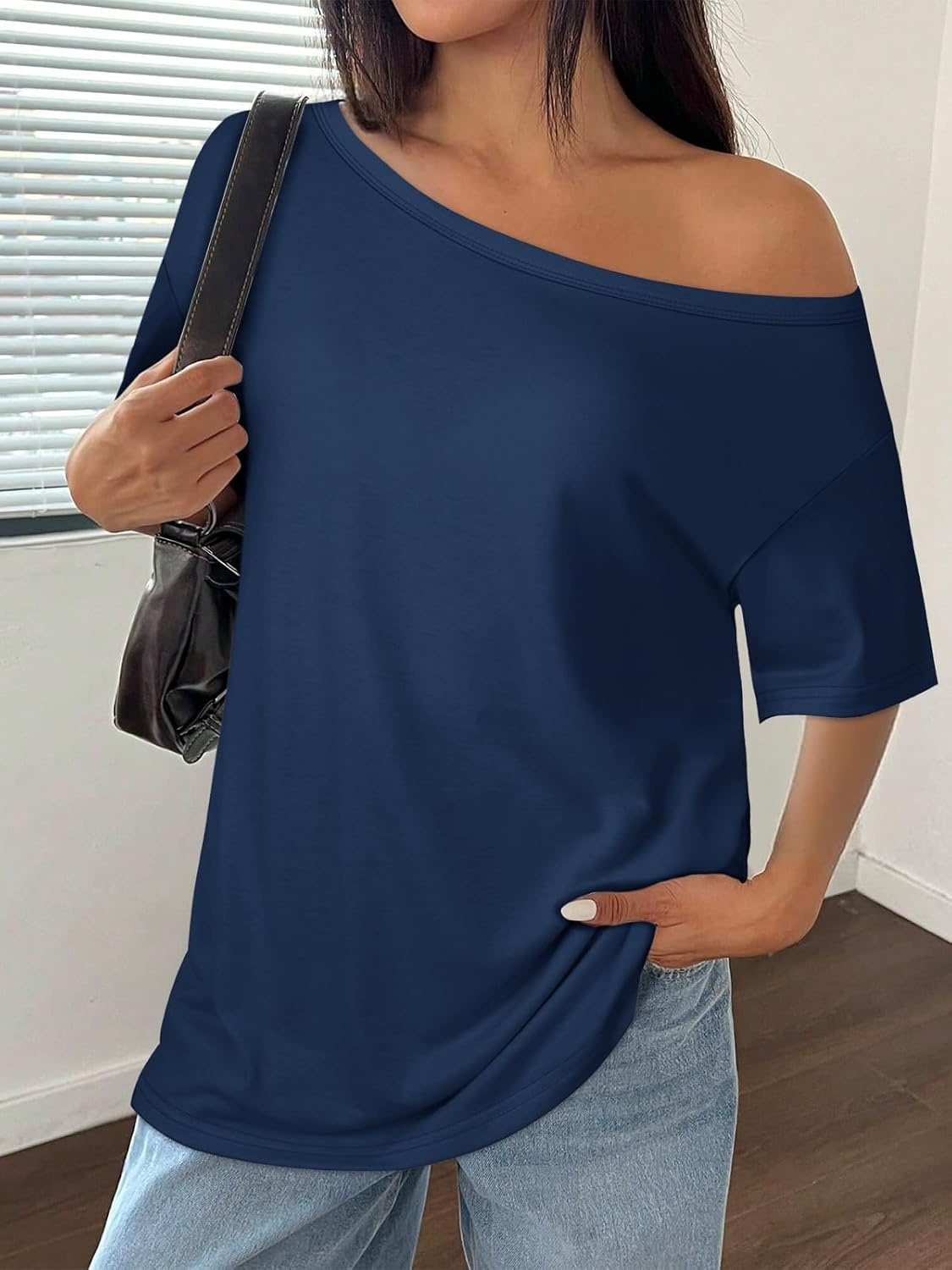 image:imageATHMILE Off The Shoulder Tops for Women 2026 Y2K Loose Fit Tops Oversized Tshirts Fashion Going Out Outfits Casual Basic Tees0blue