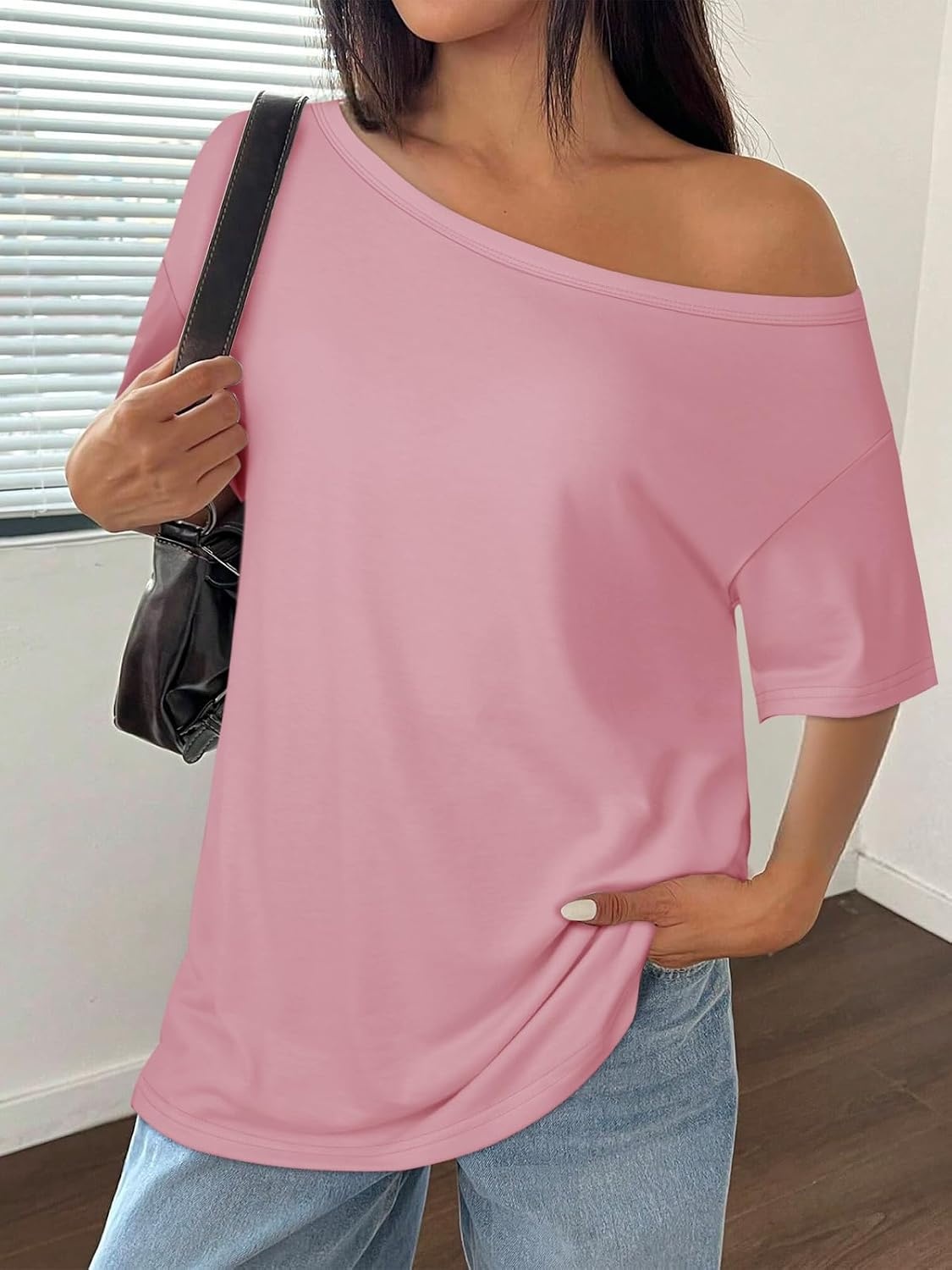 image:imageATHMILE Off The Shoulder Tops for Women 2026 Y2K Loose Fit Tops Oversized Tshirts Fashion Going Out Outfits Casual Basic Tees0pink
