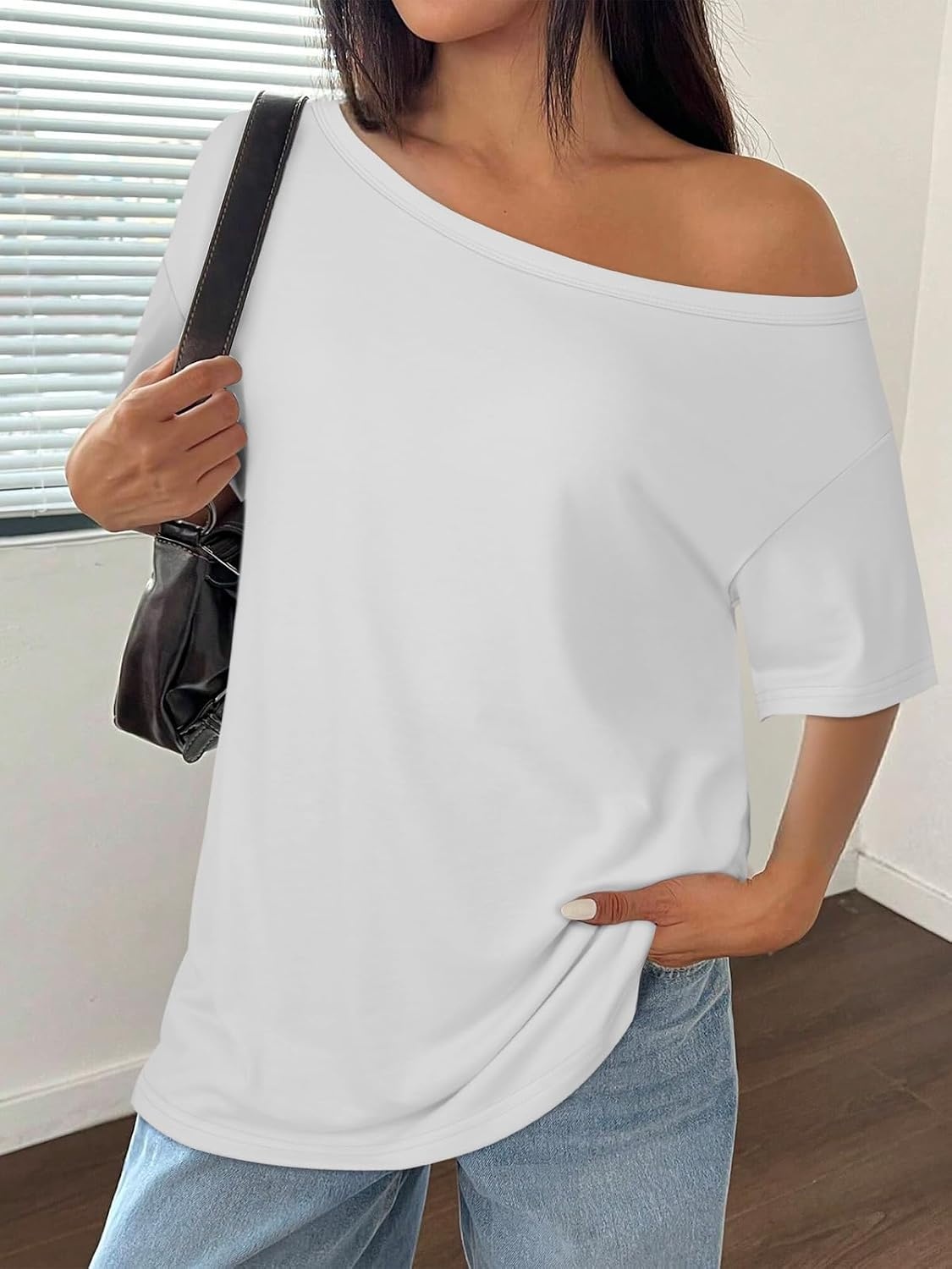 image:imageATHMILE Off The Shoulder Tops for Women 2026 Y2K Loose Fit Tops Oversized Tshirts Fashion Going Out Outfits Casual Basic Tees0white