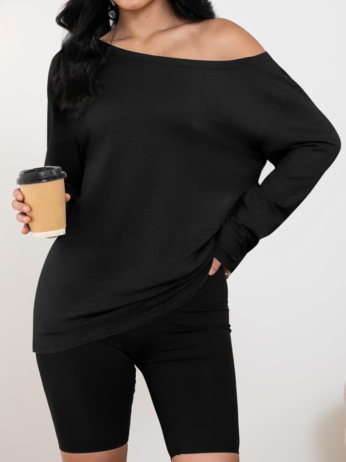 image:imageATHMILE Off The Shoulder Tops for Women 2026 Y2K Loose Fit Tops Oversized Tshirts Fashion Going Out Outfits Casual Basic TeesBlack
