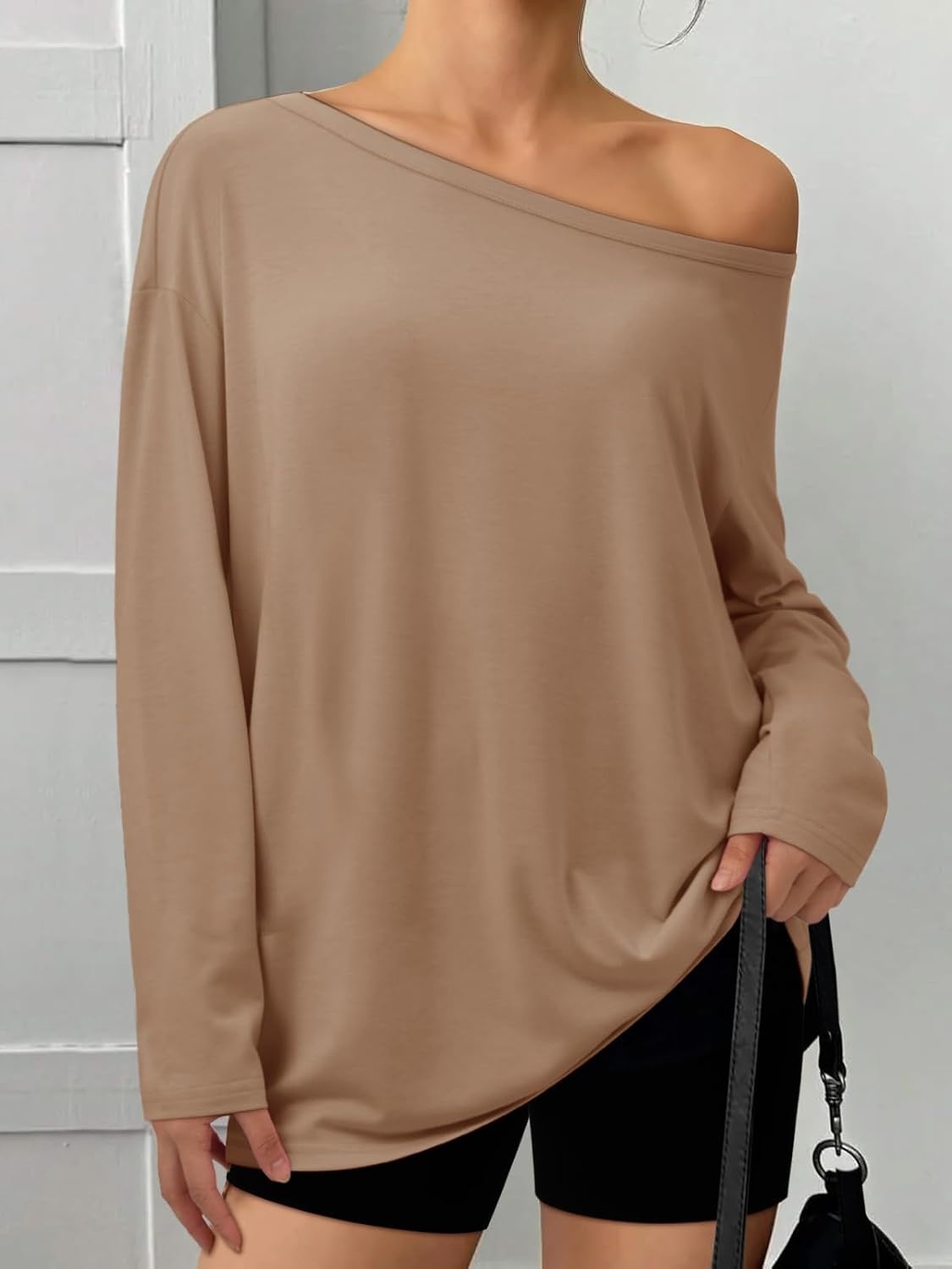 image:imageATHMILE Off The Shoulder Tops for Women 2026 Y2K Loose Fit Tops Oversized Tshirts Fashion Going Out Outfits Casual Basic TeesKhaki