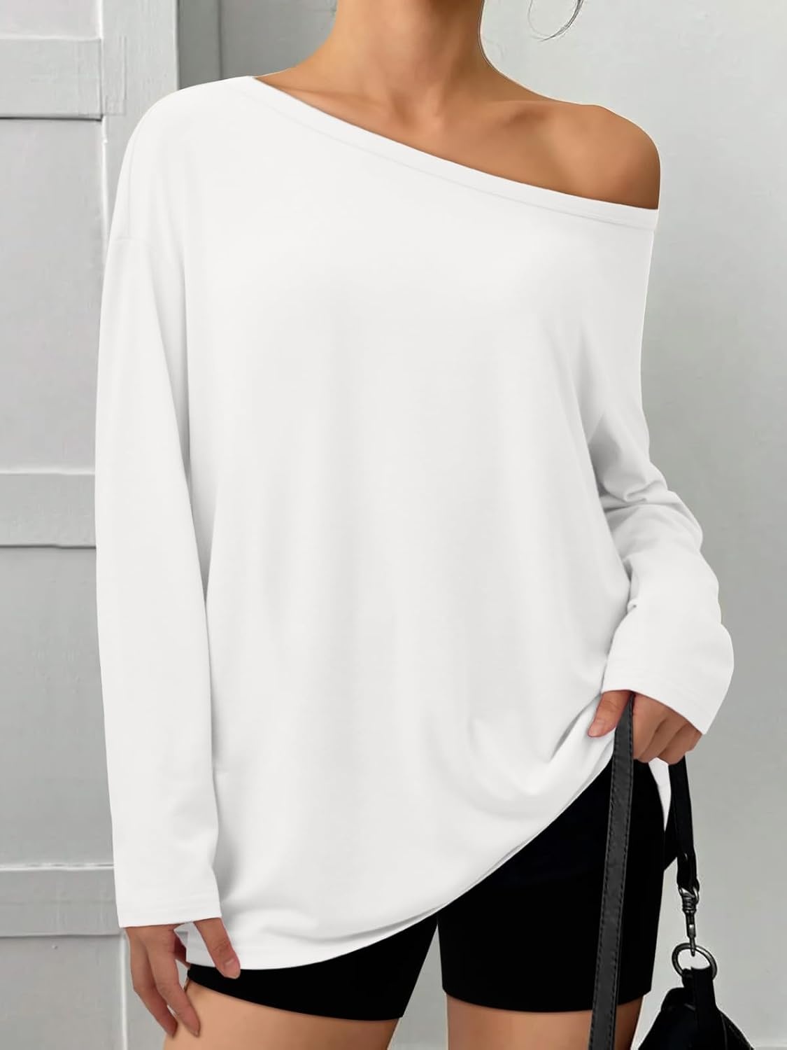 image:imageATHMILE Off The Shoulder Tops for Women 2026 Y2K Loose Fit Tops Oversized Tshirts Fashion Going Out Outfits Casual Basic TeesWhite