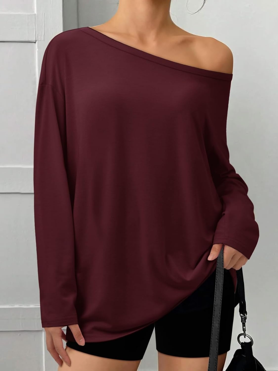 image:imageATHMILE Off The Shoulder Tops for Women 2026 Y2K Loose Fit Tops Oversized Tshirts Fashion Going Out Outfits Casual Basic TeesWine Red