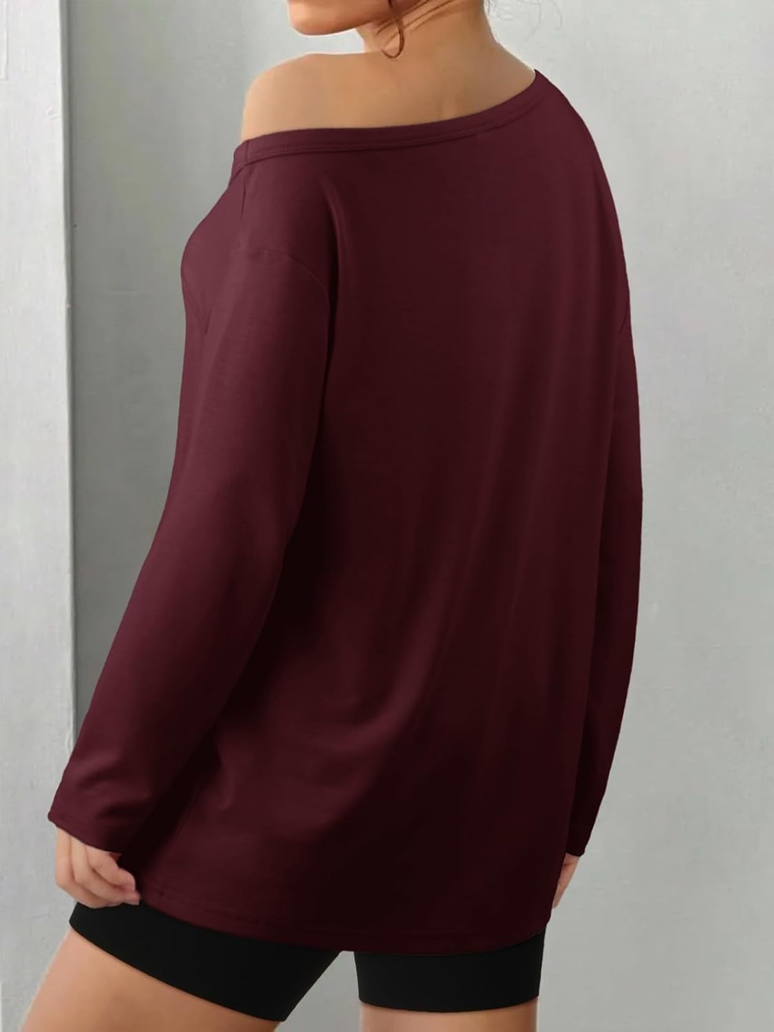 image:imageATHMILE Off The Shoulder Tops for Women 2026 Y2K Loose Fit Tops Oversized Tshirts Fashion Going Out Outfits Casual Basic TeesWine Red