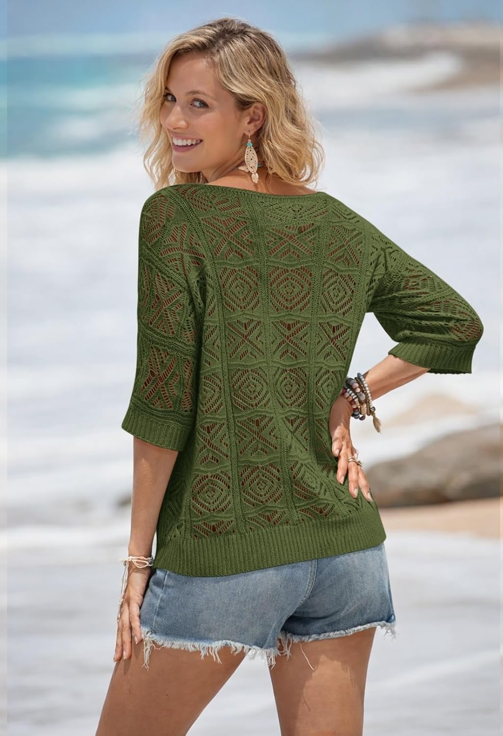 image:imageATHMILE Off The Shoulder Tops for Women Summer Crochet Hollow Out 34 Sleeve Pullover Sweater Beach Cover up Vacation ClothesArmy Green