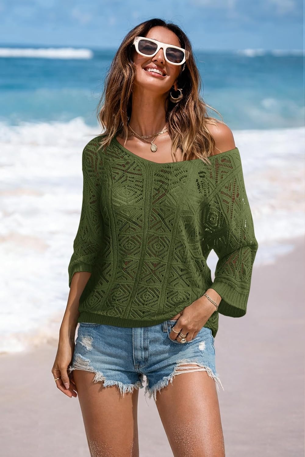image:imageATHMILE Off The Shoulder Tops for Women Summer Crochet Hollow Out 34 Sleeve Pullover Sweater Beach Cover up Vacation ClothesArmy Green
