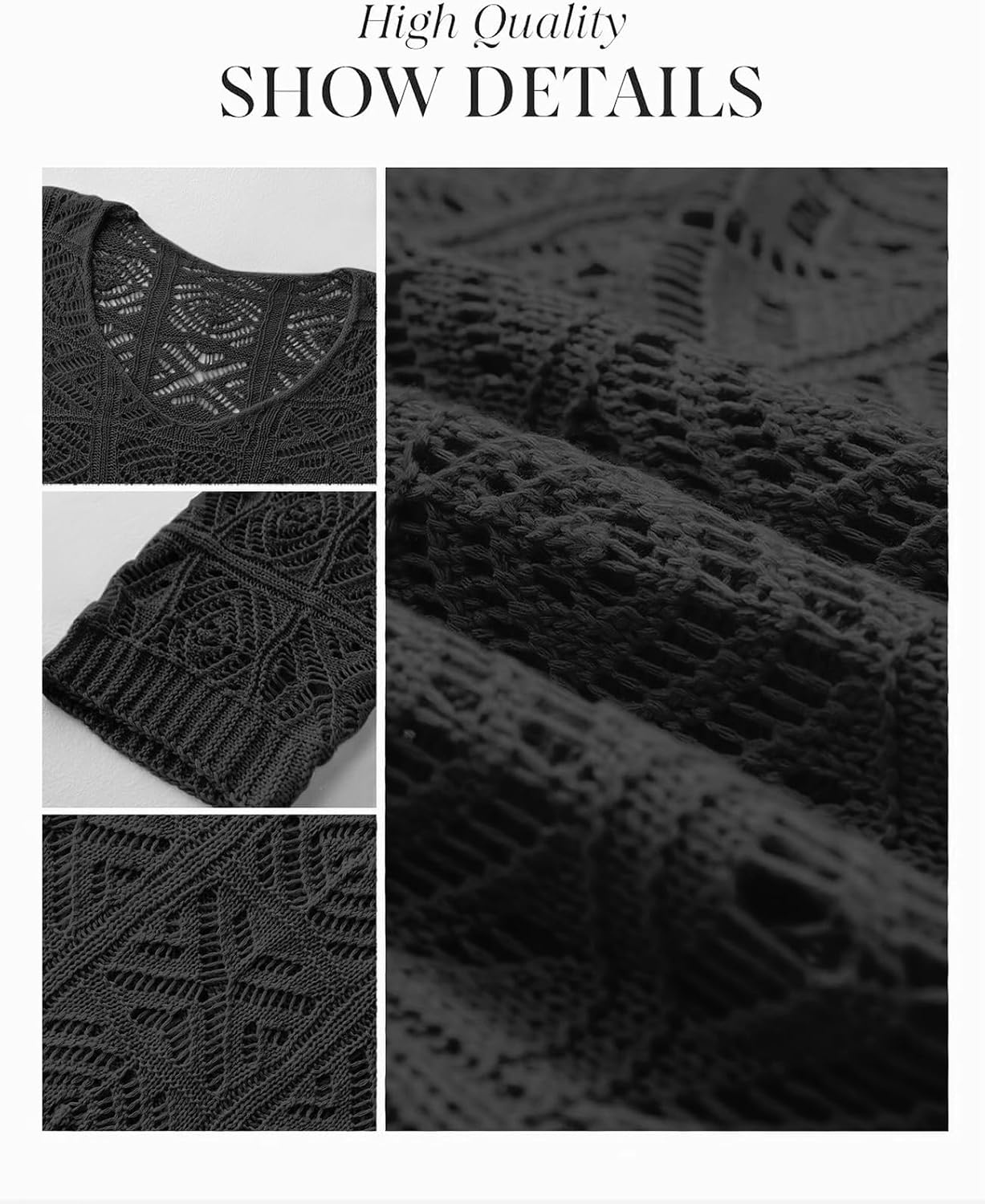 image:imageATHMILE Off The Shoulder Tops for Women Summer Crochet Hollow Out 34 Sleeve Pullover Sweater Beach Cover up Vacation ClothesBlack