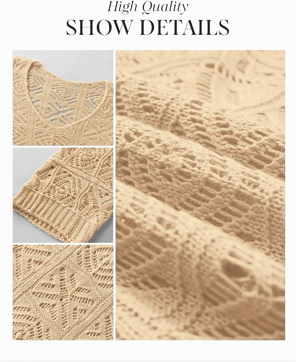 image:imageATHMILE Off The Shoulder Tops for Women Summer Crochet Hollow Out 34 Sleeve Pullover Sweater Beach Cover up Vacation ClothesCamel