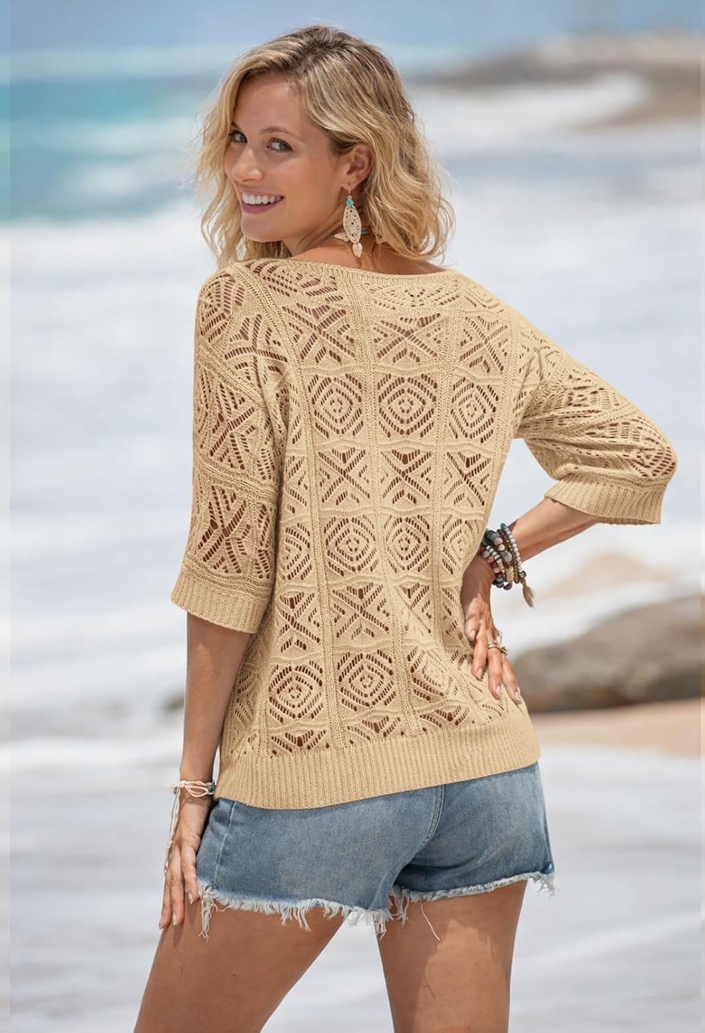 image:imageATHMILE Off The Shoulder Tops for Women Summer Crochet Hollow Out 34 Sleeve Pullover Sweater Beach Cover up Vacation ClothesCamel