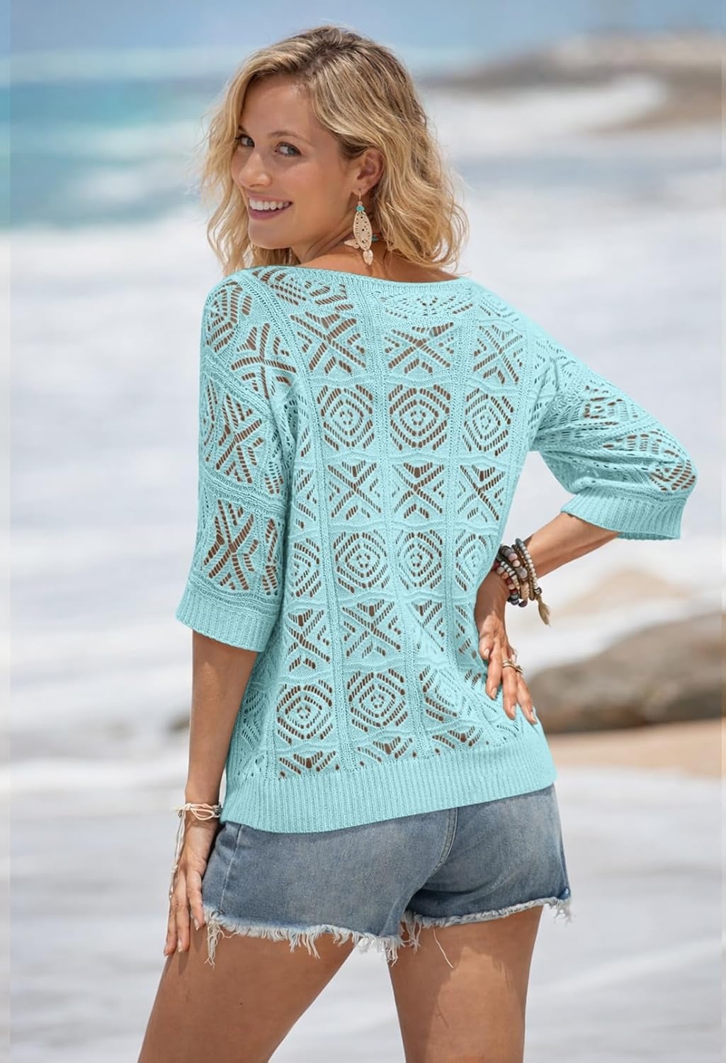 image:imageATHMILE Off The Shoulder Tops for Women Summer Crochet Hollow Out 34 Sleeve Pullover Sweater Beach Cover up Vacation ClothesLight Blue