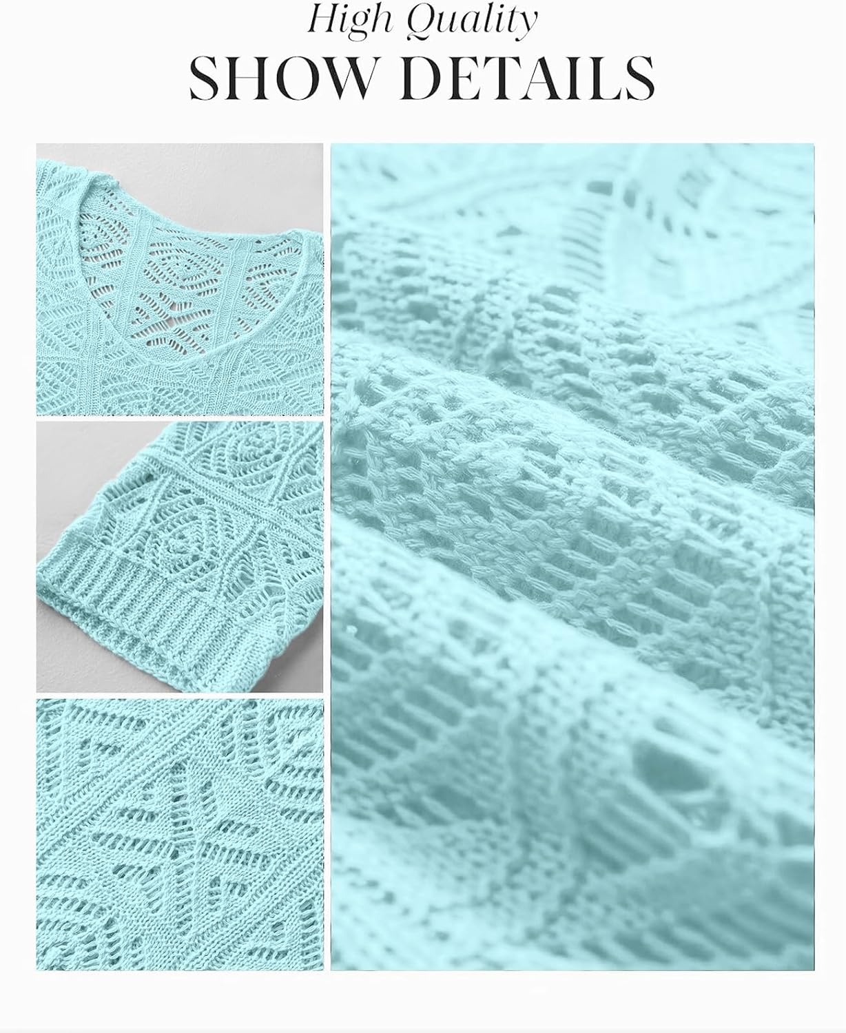 image:imageATHMILE Off The Shoulder Tops for Women Summer Crochet Hollow Out 34 Sleeve Pullover Sweater Beach Cover up Vacation ClothesLight Blue
