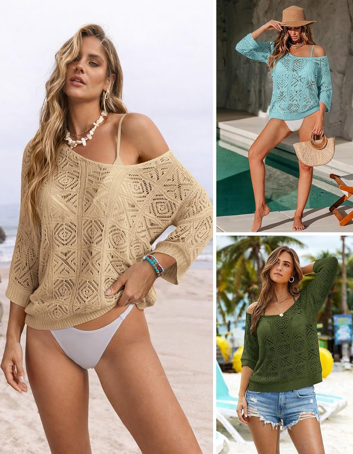 image:imageATHMILE Off The Shoulder Tops for Women Summer Crochet Hollow Out 34 Sleeve Pullover Sweater Beach Cover up Vacation ClothesNavy Blue