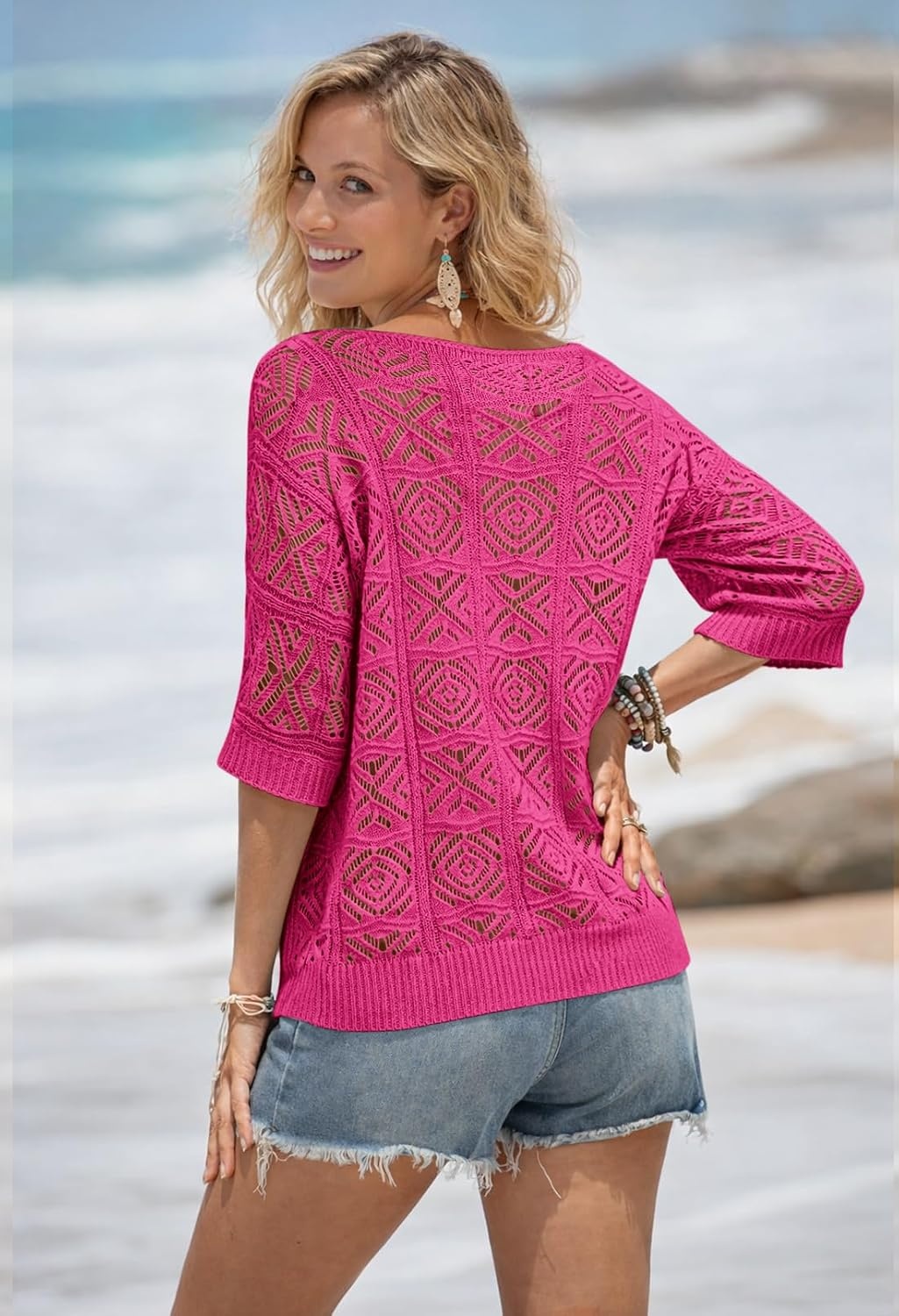 image:imageATHMILE Off The Shoulder Tops for Women Summer Crochet Hollow Out 34 Sleeve Pullover Sweater Beach Cover up Vacation ClothesRose Red