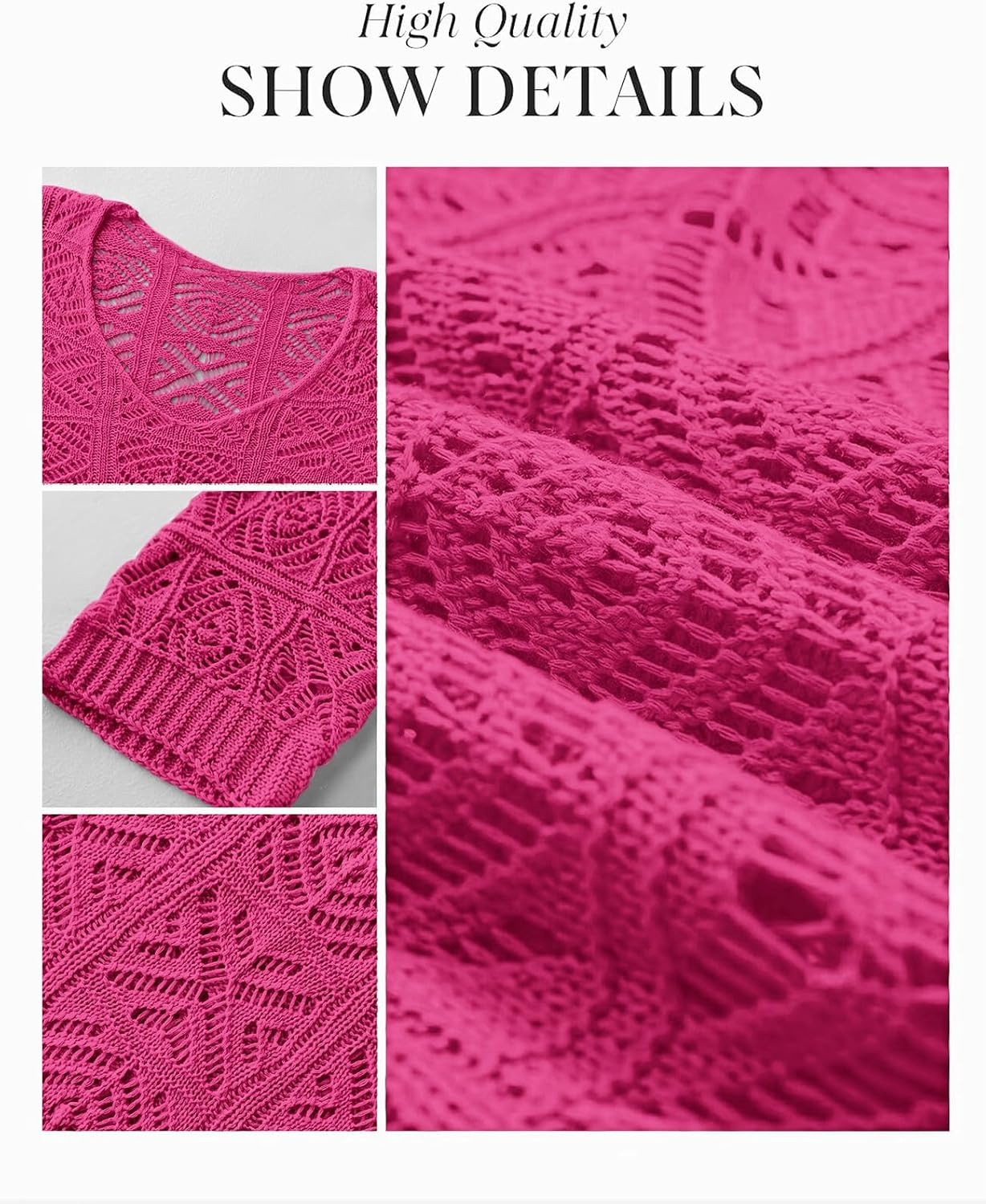 image:imageATHMILE Off The Shoulder Tops for Women Summer Crochet Hollow Out 34 Sleeve Pullover Sweater Beach Cover up Vacation ClothesRose Red