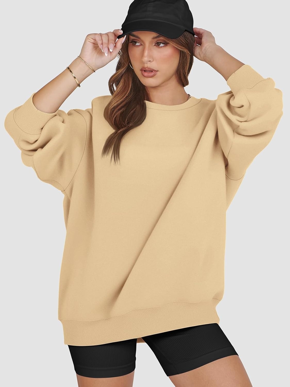 image:imageATHMILE Oversized Sweatshirt for Women Crewneck Fleece Long Sleeve Pullover Hoodies Tops Fall Fashion Outfits ClothesApricot