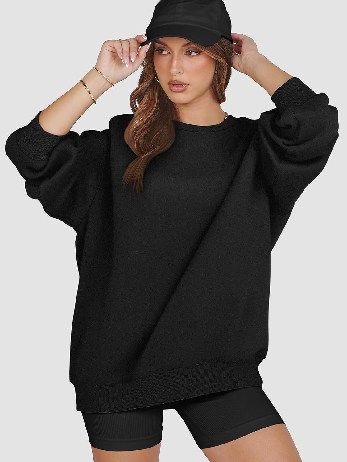 image:imageATHMILE Oversized Sweatshirt for Women Crewneck Fleece Long Sleeve Pullover Hoodies Tops Fall Fashion Outfits ClothesBlack