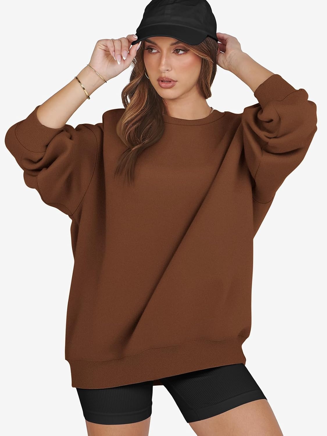 image:imageATHMILE Oversized Sweatshirt for Women Crewneck Fleece Long Sleeve Pullover Hoodies Tops Fall Fashion Outfits ClothesBrown
