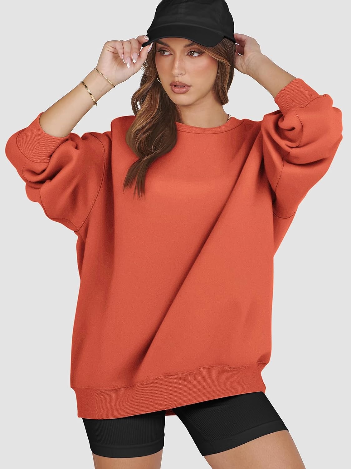 image:imageATHMILE Oversized Sweatshirt for Women Crewneck Fleece Long Sleeve Pullover Hoodies Tops Fall Fashion Outfits ClothesOrange Red