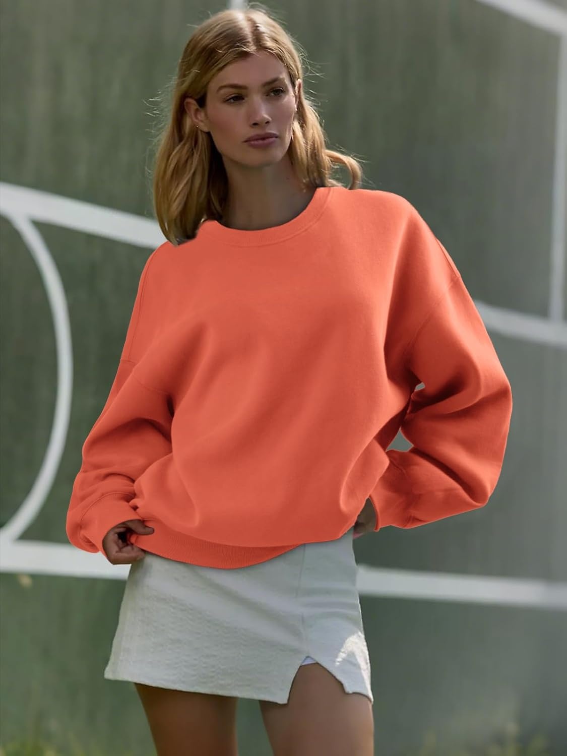 image:imageATHMILE Oversized Sweatshirt for Women Crewneck Fleece Long Sleeve Pullover Hoodies Tops Fall Fashion Outfits ClothesOrange Red