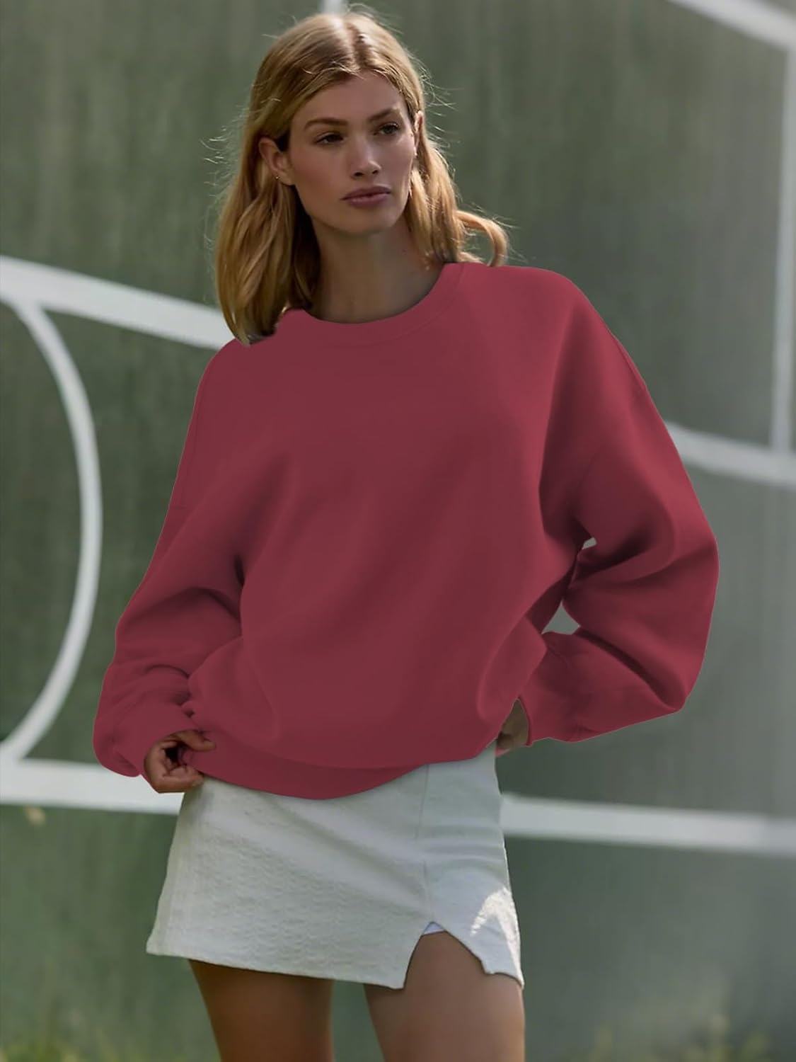 image:imageATHMILE Oversized Sweatshirt for Women Crewneck Fleece Long Sleeve Pullover Hoodies Tops Fall Fashion Outfits ClothesWine Red