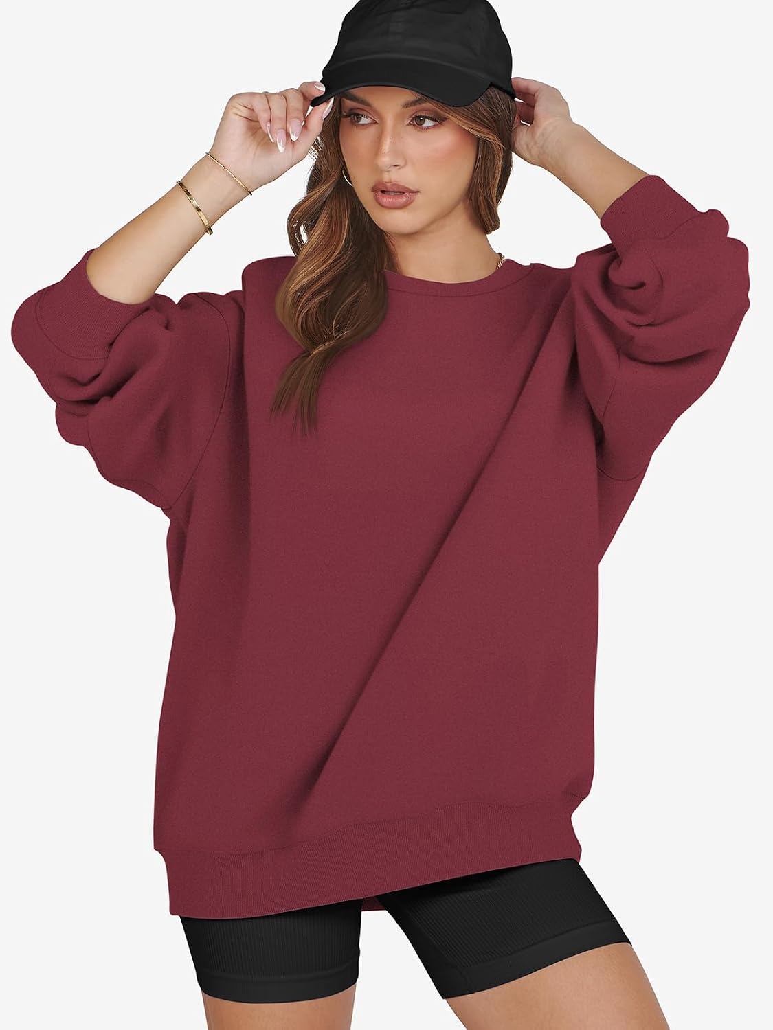 image:imageATHMILE Oversized Sweatshirt for Women Crewneck Fleece Long Sleeve Pullover Hoodies Tops Fall Fashion Outfits ClothesWine Red