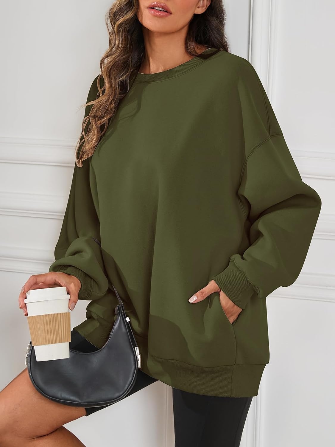 image:imageATHMILE Oversized Sweatshirt for Women Crewneck Fleece Long Sleeve Pullover Hoodies Tops Fall Fashion Outfits ClothesZarmygreenside Pockets