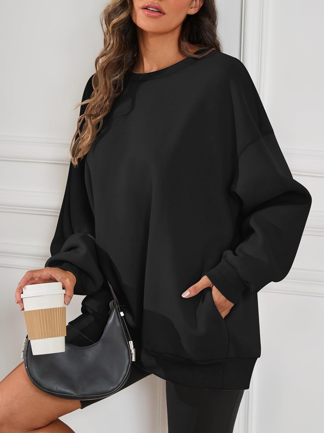 image:imageATHMILE Oversized Sweatshirt for Women Crewneck Fleece Long Sleeve Pullover Hoodies Tops Fall Fashion Outfits ClothesZblackside Pockets