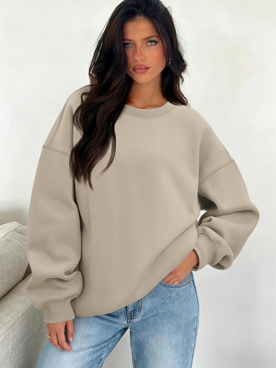 image:imageATHMILE Oversized Sweatshirt for Women Crewneck Fleece Long Sleeve Pullover Hoodies Tops Fall Fashion Outfits ClothesZcoffeegreyside Pockets